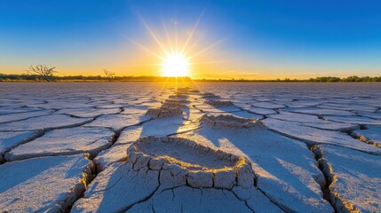 Sun sets over cracked barren earth with dry mud patterns and radiating light across the landscape
