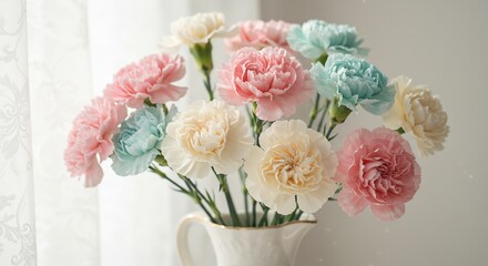 窓辺で柔らかな自然光を浴びて咲き誇るピンク水色クリーム色の美しいカーネーションが白いピッチャーに活けられ清々しい雰囲気を醸し出す. AI Generated
