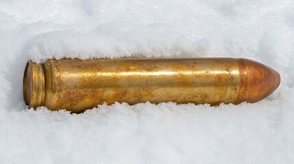 Tarnished brass shell casing half buried in snow with visible texture and detail