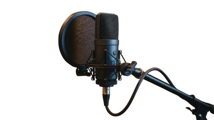 Black Studio Condenser Microphone with Pop Filter and Boom Arm, Isolated on White Background