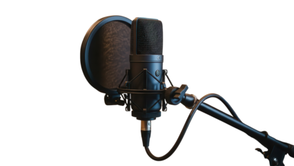 Black Studio Condenser Microphone with Pop Filter and Boom Arm, Isolated on White Background