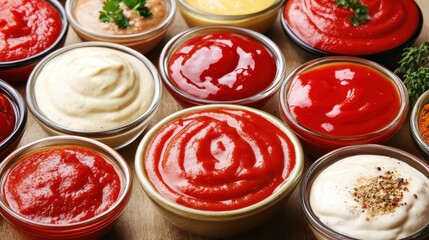 Variety of Spicy Sauces in Bowls with Bright Close Up Detail