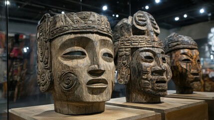 Two intricately carved ancient wooden tribal masks with detailed faces and headdresses on display