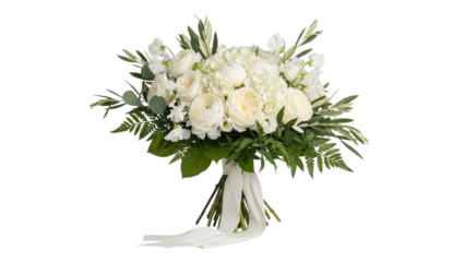 Elegant White Flower Bouquet with Roses, Hydrangeas, and Greenery, Tied with Ribbons, Isolated on White Background