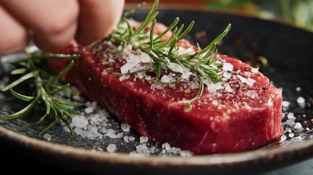 A close-up of a chef's hand sprinkling salt and herbs over a raw steak on a dark plate, with fresh rosemary and spices enhancing the culinary presentation in a cozy kitchen setting