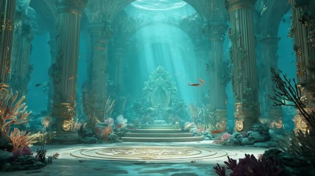An enchanting underwater scene featuring an ancient, ornate temple surrounded by vibrant corals and fish, illuminated by beams of sunlight filtering through the water's surface