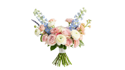 Elegant Pastel Flower Bouquet with Pink Roses and Blue Delphiniums Isolated on White Background