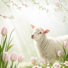 Calm Spring Background Inspired by Lamb Fur with Pastel Floral Border