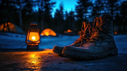 Worn tattered boots and glowing lantern sit on the ground at night with a tent in the background