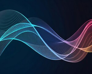 Abstract flowing digital wave of colorful particles creating a dynamic sound or data visualization on a dark background