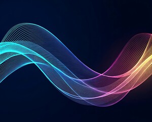 Abstract glowing digital sound wave or data stream in vibrant neon colors on a dark blue background, representing technology and music flow