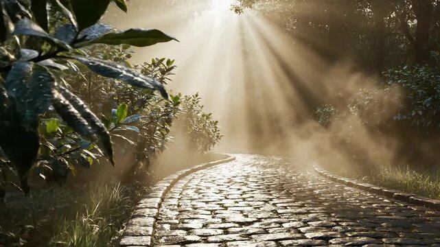 Sunlit Forest Path Emerging Through Mist