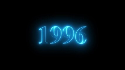 Neon blue number 1996 animation on black background, futuristic year text effect, historical date and time line concept, retro digital typography