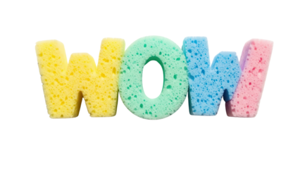 Colorful Sponge Letters Spelling WOW on White Background