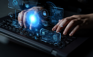 A futuristic command center interface for managing a global technology platform. The dashboard includes data security, network administration, and biometric user authentication. Fermion
