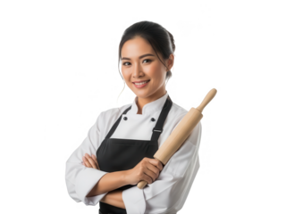 smiling asian baker woman holding a wooden rolling pin against black background