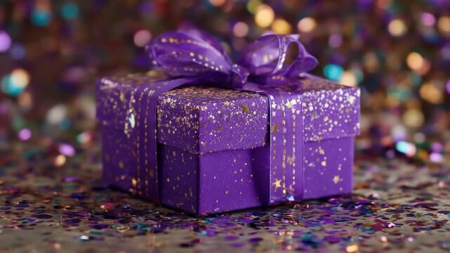 A beautifully wrapped purple gift box adorned with golden glitter and a ribbon, set against a backdrop of colorful confetti, perfect for celebrations and special occasions