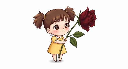 小さなちびの女の子が愛らしく微笑み鮮やかな赤いバラを両手で丁寧に差し出す心温まるイラストレーションシンプルな背景. AI Generated