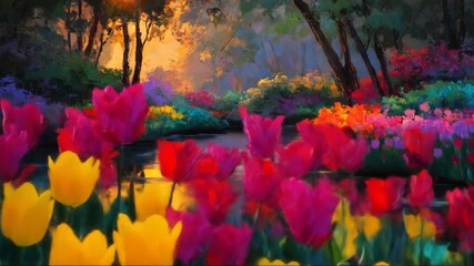 A vibrant spring landscape featuring a serene river surrounded by blooming tulips in various colors, with a warm sunset illuminating the scene, creating a peaceful atmosphere