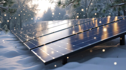 Solar panels in snowy forest