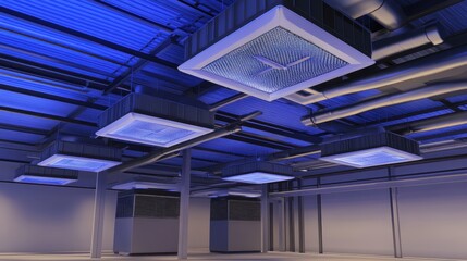 Fototapeta premium Industrial Air Purification Systems in a Blue Commercial Building