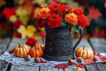 selective focus warm fall still life with harvest decor