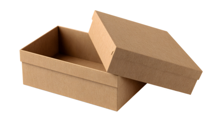 Brown cardboard shoe box with lid leaning against base on white background, empty packaging