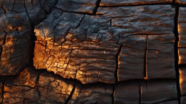 Close-up view of charred wood texture illuminated by warm sunlight, showcasing intricate patterns and details, set against a blurred natural background