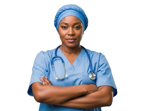 Portrait of a confident African female surgeon wearing a blue cap and scrubs