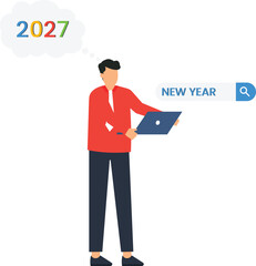 Businessman searching new year 2027 on laptop for future planning and business goals, online search for corporate strategy and career development with thought bubble