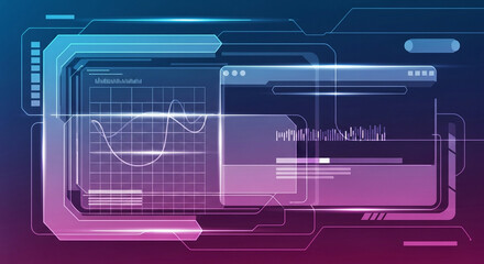Futuristic Digital Interface with Glowing Data Visualizations and Grids.