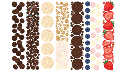 Obraz premium Diverse array of vertical stripes showcasing popular dessert toppings including chocolate balls, colorful sprinkles, meringues, and fresh strawberries.