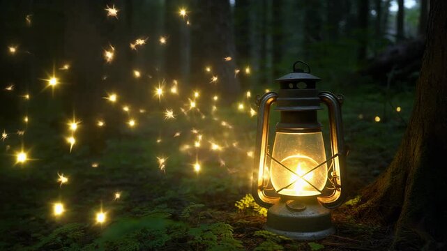 Kerosene lantern and shimmering fireflies illuminate deep woods