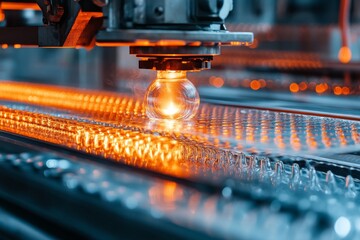 selective focus glowing molten glass being transferred on conveyor