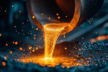 selective focus molten glass pouring from furnace onto conveyor