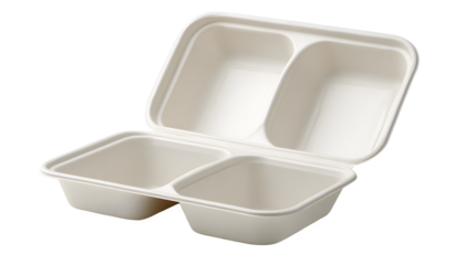 Clamshell container with 3 compartments made from sugarcane, eco friendly takeout box with separate sections for food, biodegradable packaging solution for meals