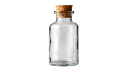 A clear glass milk bottle with a cork stopper on a white background, isolated vintage style bottle for storing liquids