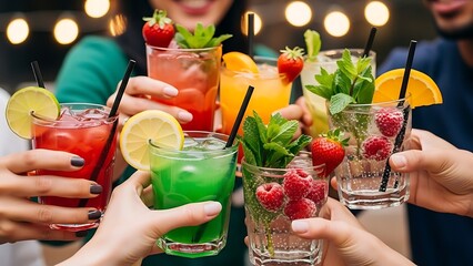 Friends raising colorful, refreshing cocktails with fruit garnishes in a lively social setting, celebrating with a festive toast under sparkling lights