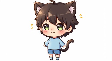 清潔で柔らかな白い背景に立つ愛らしい猫耳の少年が優しく暖かい光を浴びて満面の笑みを浮かべるデジタルイラストきらきらと輝く大きな瞳と心和む豊かな表情が見る人の心をそっと癒し温かく満たす魅力的なアニメ風アート. AI Generated