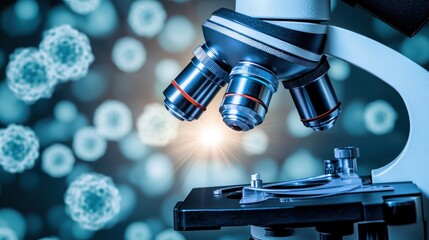 Microscope examining bacterial cells with scientific precision