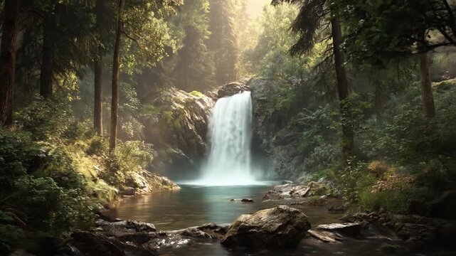 Serene waterfall cascading into a tranquil pool surrounded by lush greenery, illuminated by soft sunlight filtering through the dense forest, creating a peaceful natural retreat