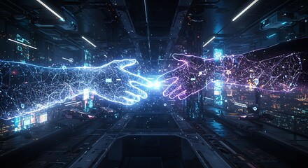 Two digital hands reaching for each other in a futuristic, tech-filled tunnel scene