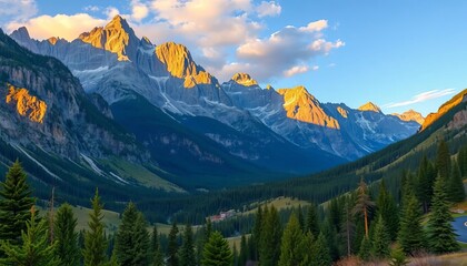 Obraz premium Majestic Rocky Mountain peaks bathed in golden light, towering over a pristine alpine valley with scattered evergreen forests, western, destination