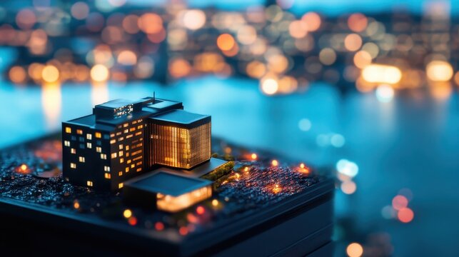 Miniature replica of a building lit up with bokeh city backdrop