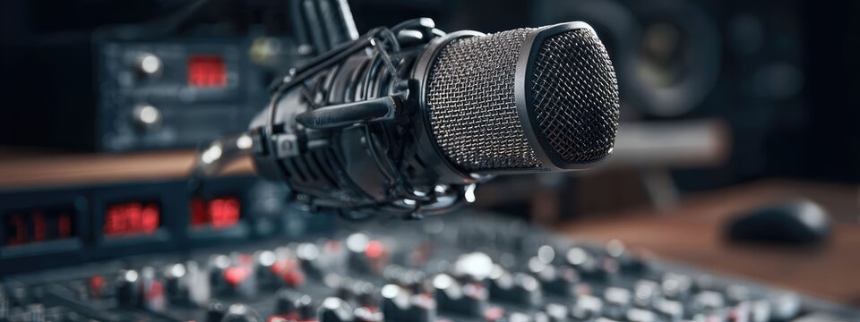 an audio recording studio setup with a large, professional microphone prominently displayed at its center