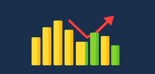 Flat vector bar chart icons with green up and red down arrows, symbolizing sales trends, growth, and decline, for business data analysis,  report,  green
