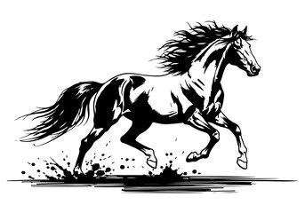 A dynamic black and white illustration of a powerful horse galloping through water, with its mane and tail flowing dramatically.