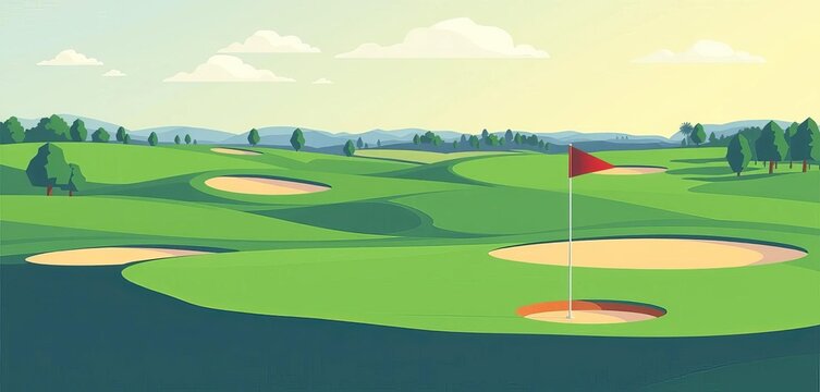 Flat vector illustration of a scenic golf course landscape with green fairways, sand traps, and a flagstick in a hole,  spring,  nature