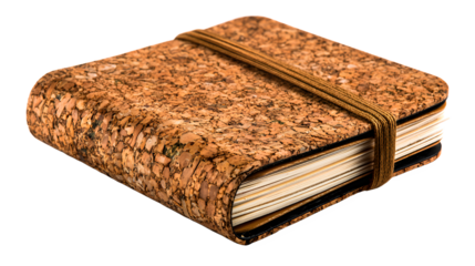 Natural cork notebook with elastic band closed cover on white background