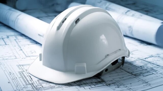 A white hard hat resting on blueprints, symbolizing construction safety and planning, with rolled architectural plans in the background, ideal for construction and engineering themes